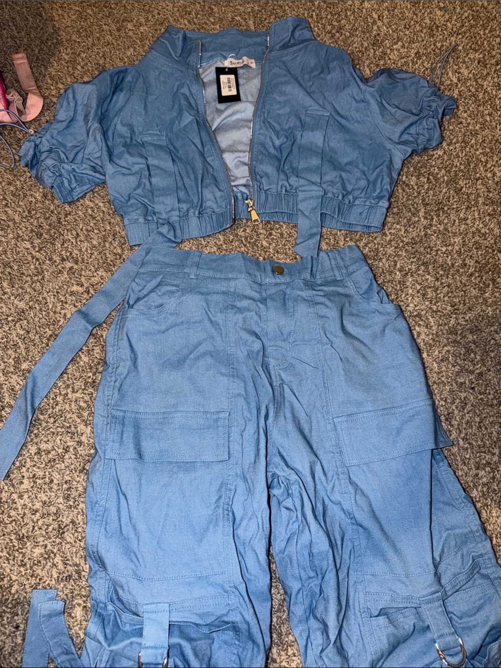 Denim blue Runner up cropped cargo pants set